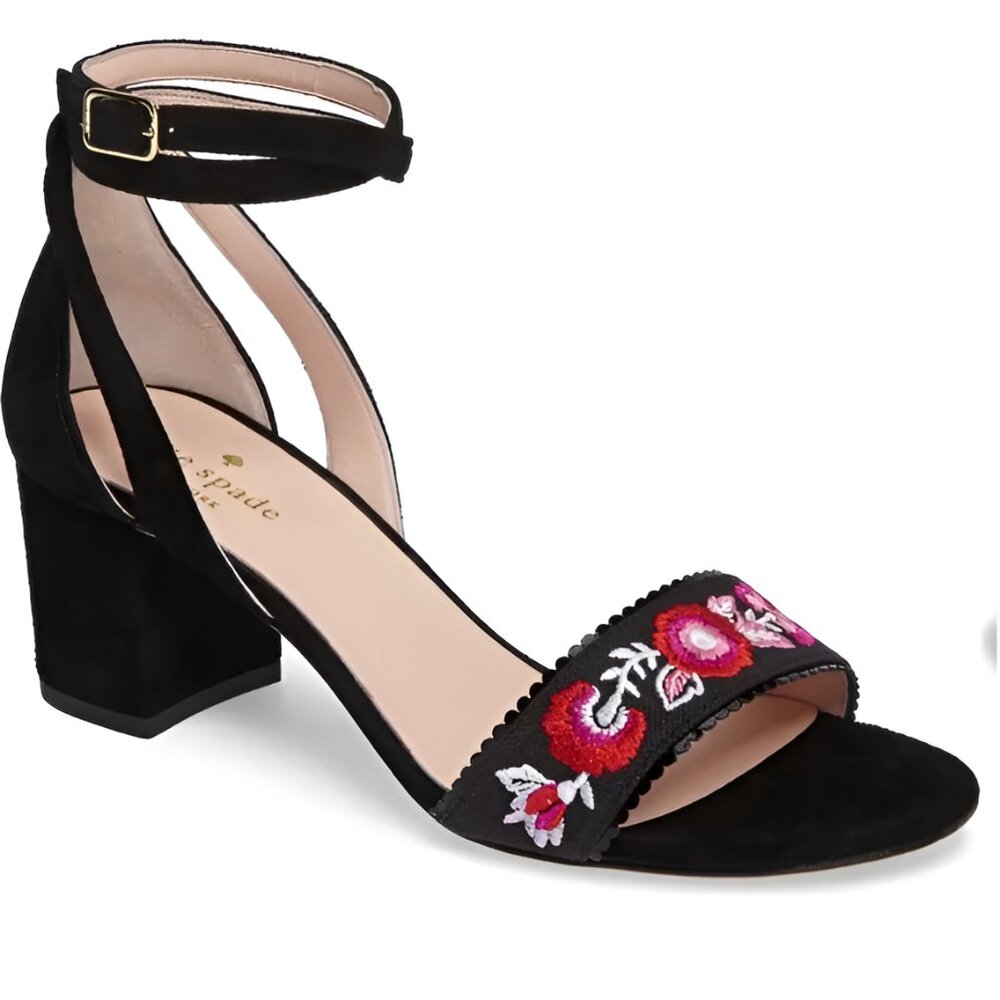 Kate Spade Black Suede Leather Embroidered Slingback Peep Toe Sandals Heels 6.5
